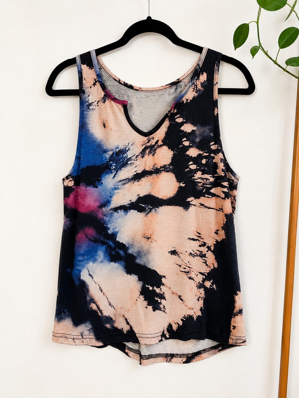 Tie-Dye V-Neck Tank Top - Black, Peach & Blue